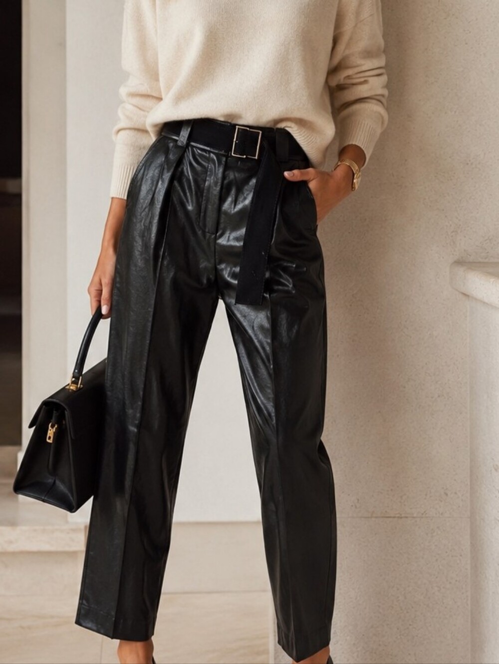 Dorothee Schumacher - Black Leather Straight Leg Belted Pants Sz 2